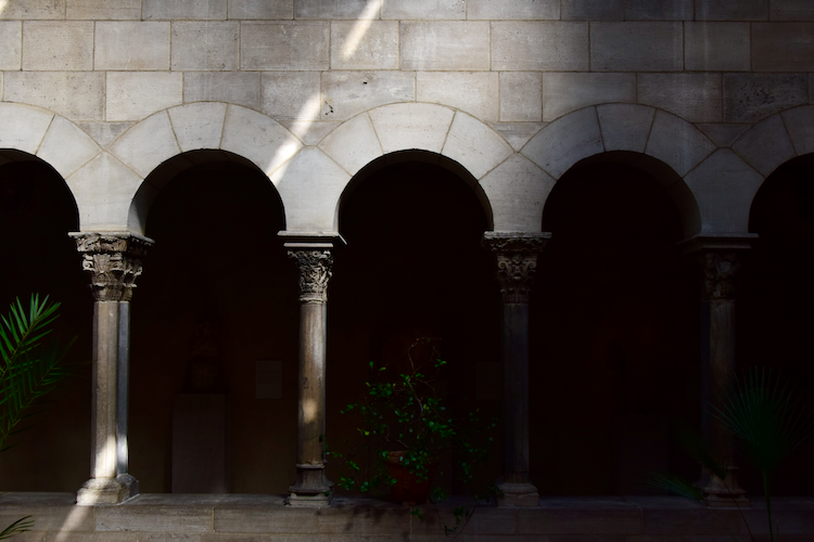 A serene photograph of the Met Cloisters' architectural details, featuring a row of stone arches supported by intricately carved columns. Soft light streams through, casting delicate shadows on the stone and illuminating a potted plant nestled beneath the arches. The interplay of light and shadow highlights the medieval craftsmanship, evoking a tranquil and timeless ambiance within this historic museum setting. Captured on a Nikon D5300 digital camera. A work by John Paglia.